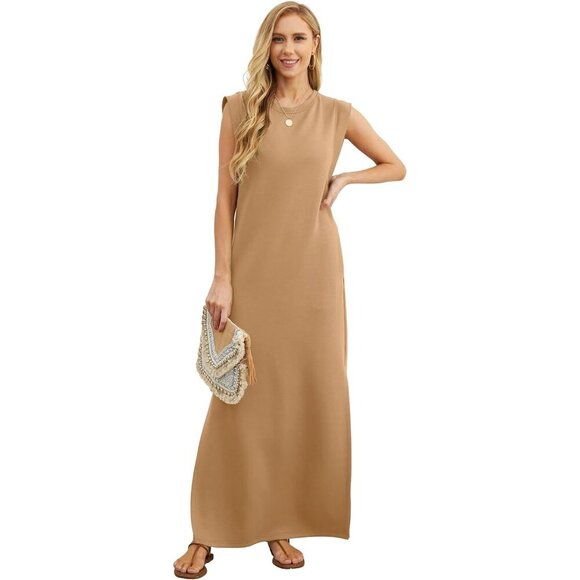 Grecerelle Women Camel Round Neck Loose Split Wrinkle-Free Long Maxi Dress - Picture 3 of 6